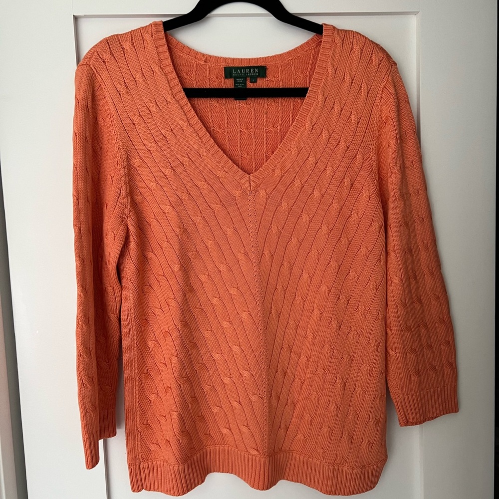 Lauren Ralph Lauren orange silk v neck sweater.